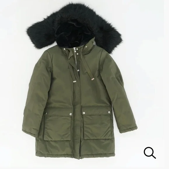 Zara Olive Green Puffer Parka Coat Faux Fur Hoodie Small - Picture 4 of 6